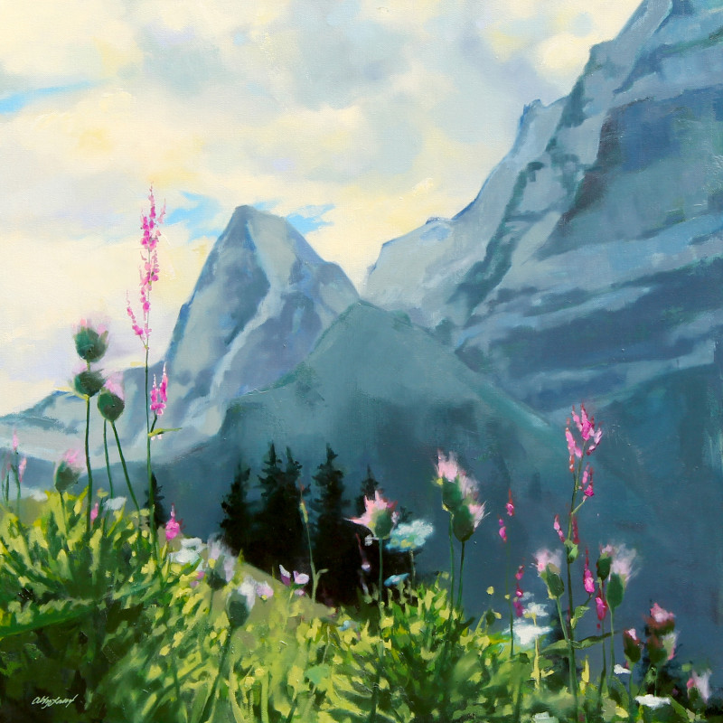 oil painting of Swiss Alps and mountain flowers