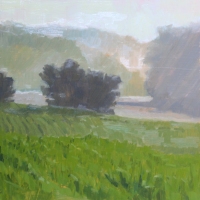 plein air painting of morning sunrise over field  2020 oil on panel 8 x 8 in. AVAILABLE